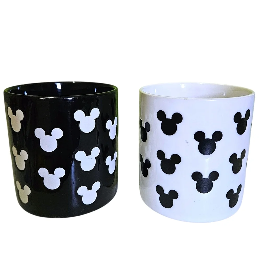 Disney Mickey Mouse Logo Coffee Mugs Set of 2 Cups Black & White 8 oz Disneyana